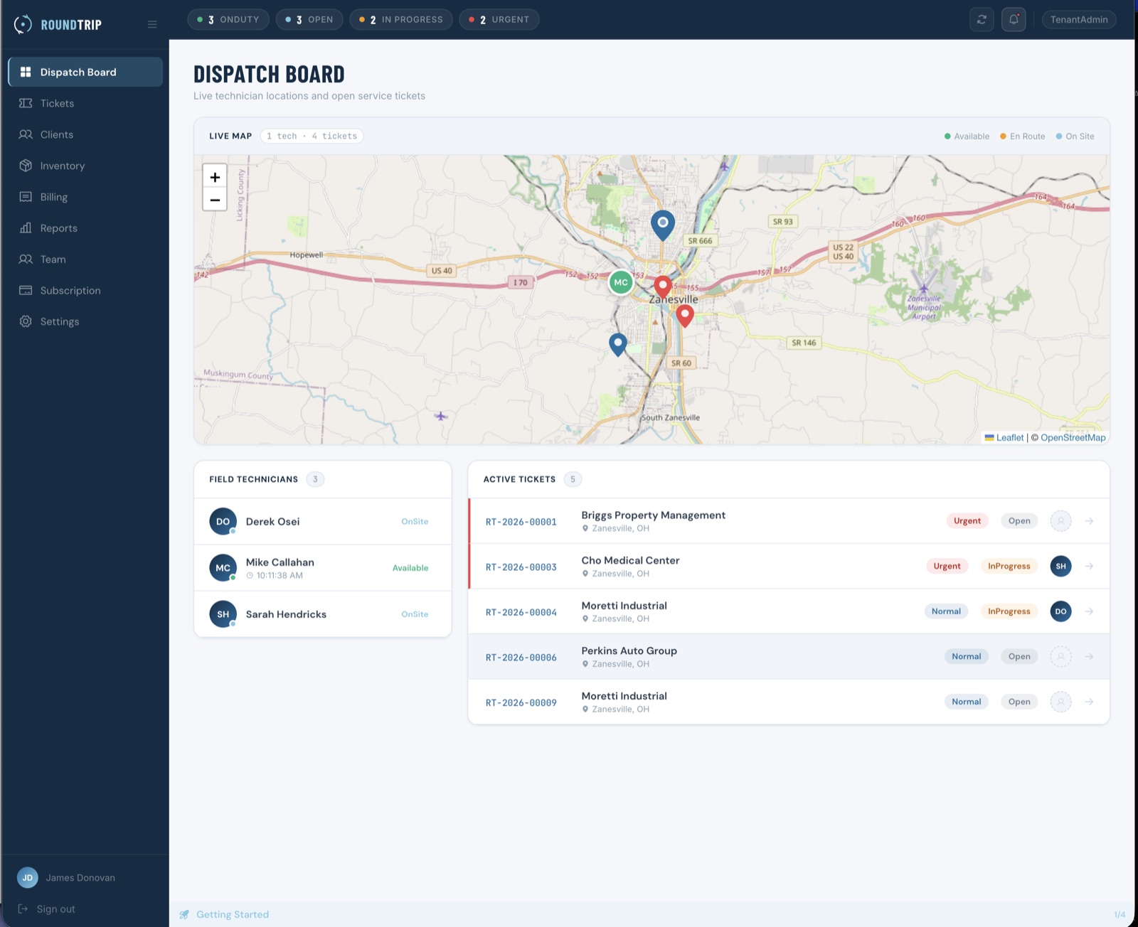 Field dispatch board with a live technician map and active tickets