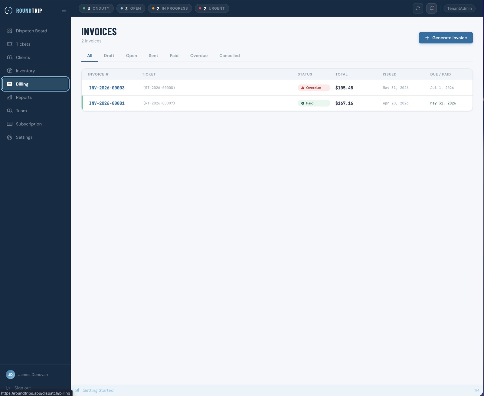 Field invoice list showing sent invoices and billing status