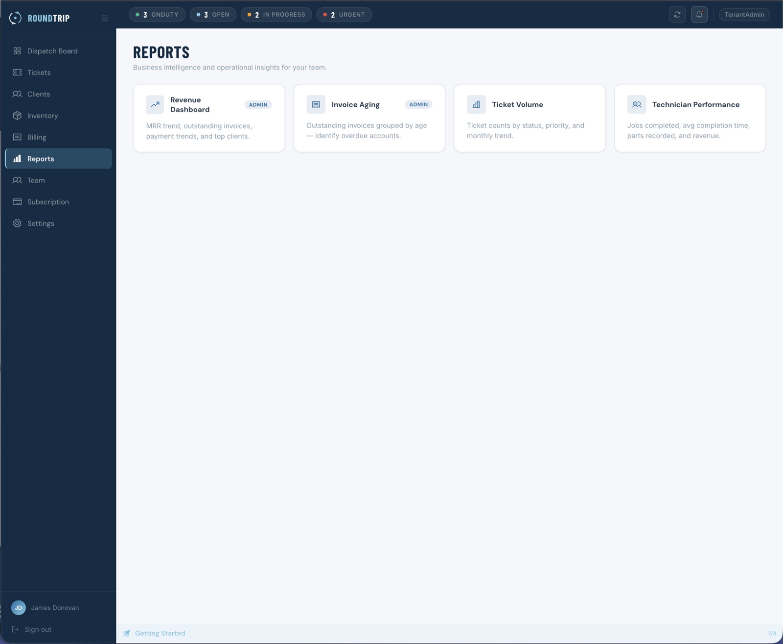 Field reporting dashboard showing revenue and technician performance